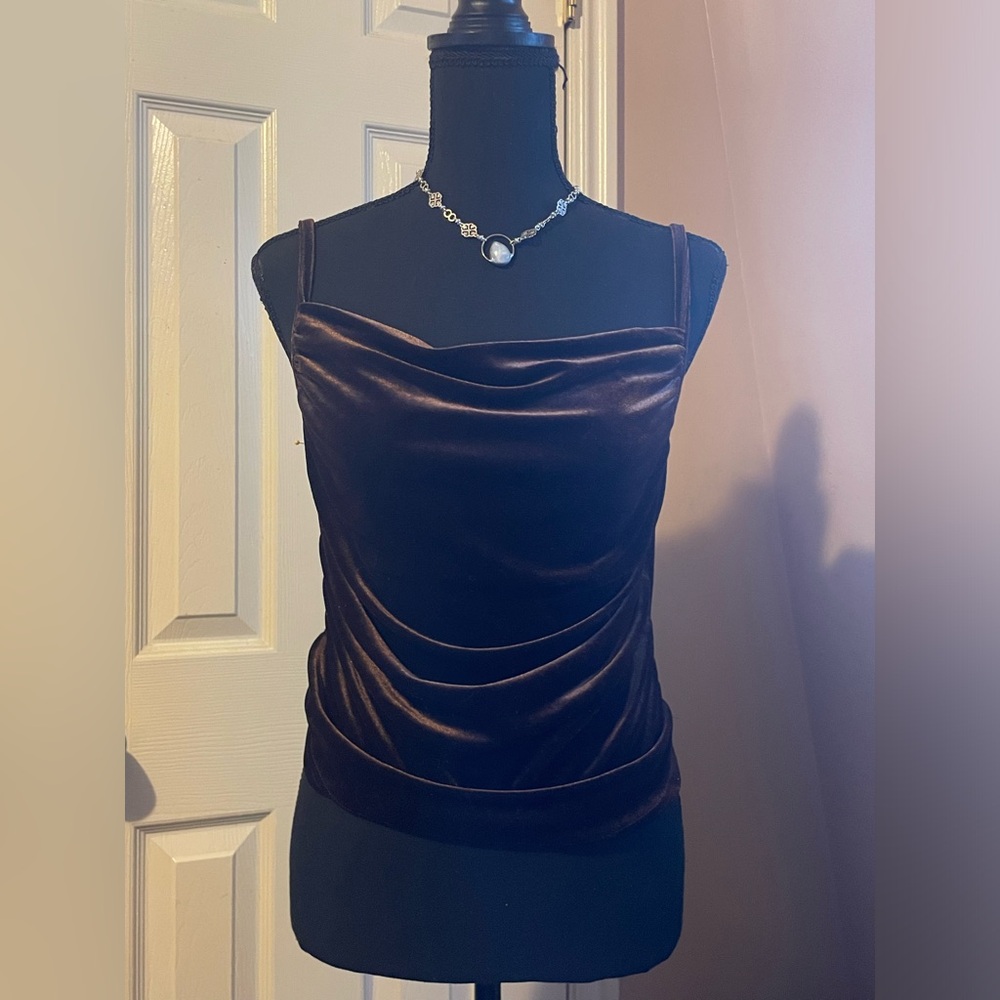 Velvet Cowl Neck Spaghetti Strap Top - Chocolate Brown